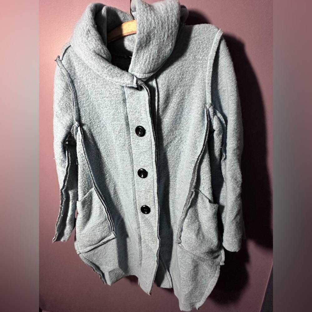 Women's Blue Button-Up Raw Edge Fleece Coat